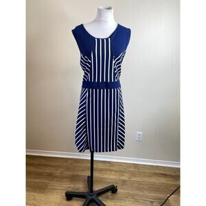 Rouge Collection Women Sleeveless Sheath Dress Size 4X Navy/White Stripe Stretch